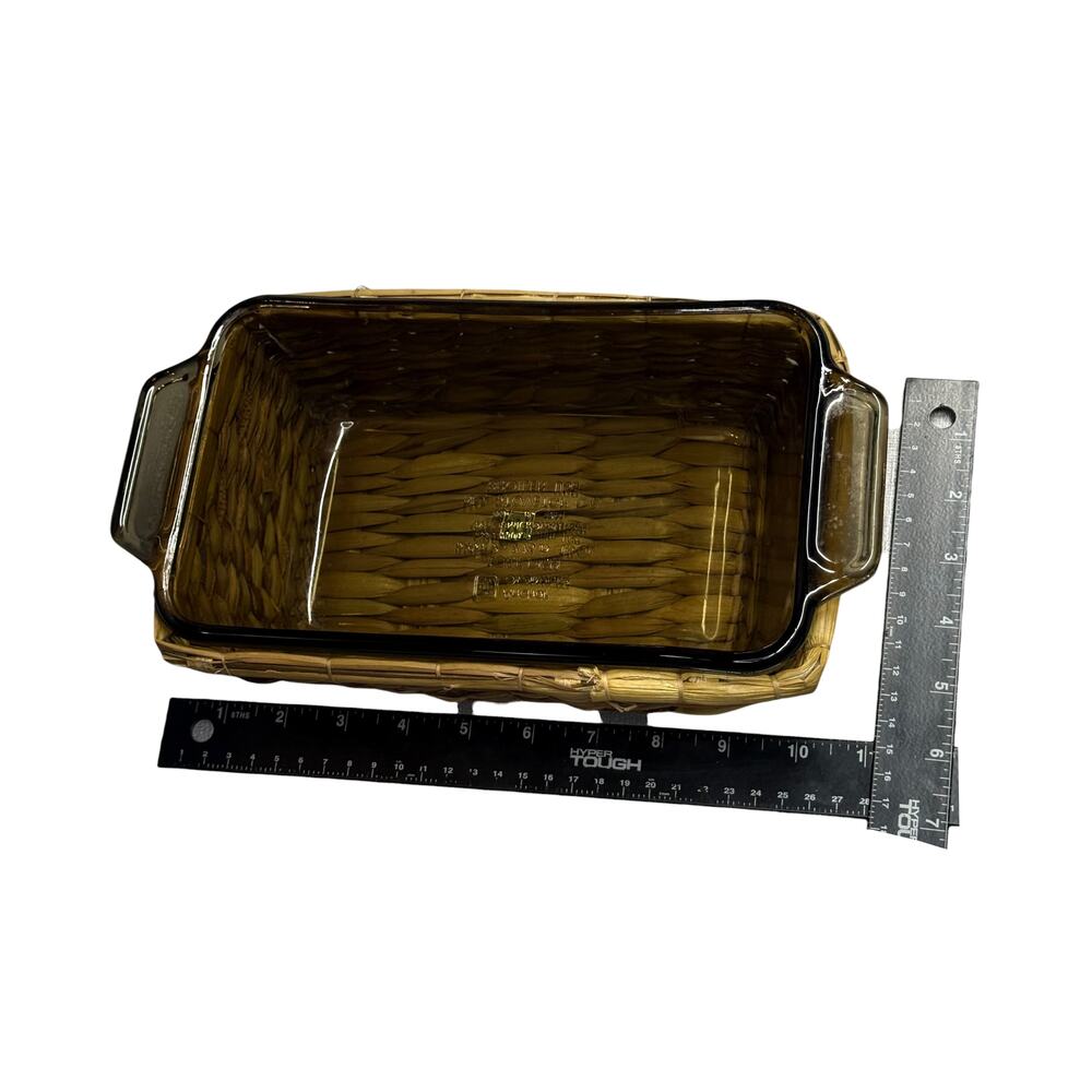 Anchor Ovenware Amber Glass 1.5 Qt Loaf Dish Wicker Basket USA - Picture 6 of 7